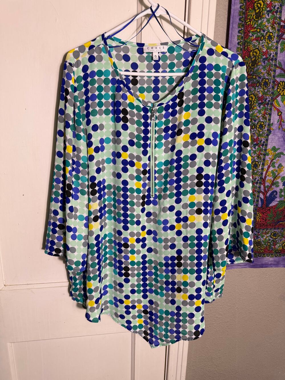 Chaus New York XL Geometric Polka Dot Tunic Top Blue Green Half Zip